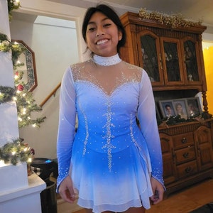blue and white figure skating dress Custom Ice Skating Dresses Blue Whice Ice Dance Dress Competition Spandex  Beaded