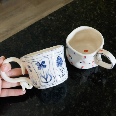 Handmade Blue Floral Ceramic Mugs Hand Painted Rustic Ceramic Tea Cups ...