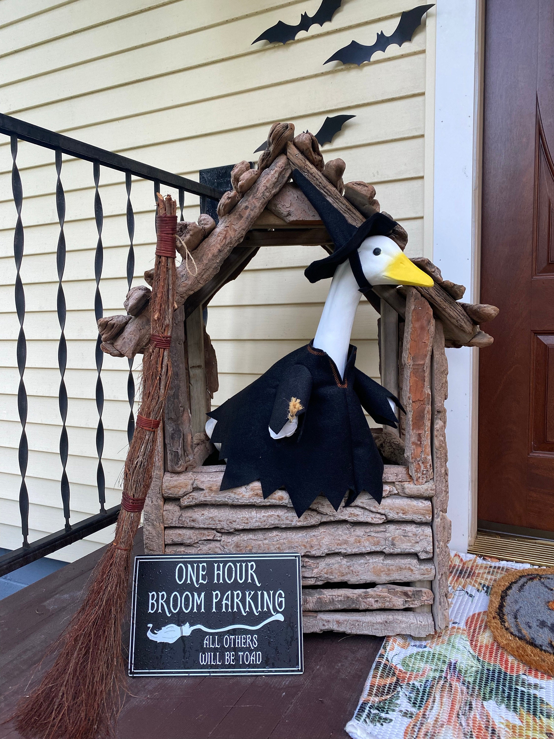 Porch Goose Clothes - A Real Witch Outfit "with Broom" in Black Felt for 23 to 25 inch Plastic or Concrete Lawn Goose - Handmade by Me