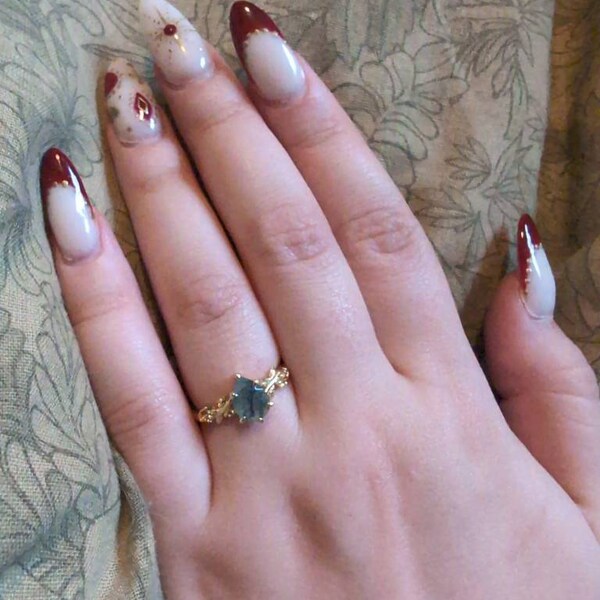 Mystic Forest · Pear Cut Moss Agate Promise Ring main image 1