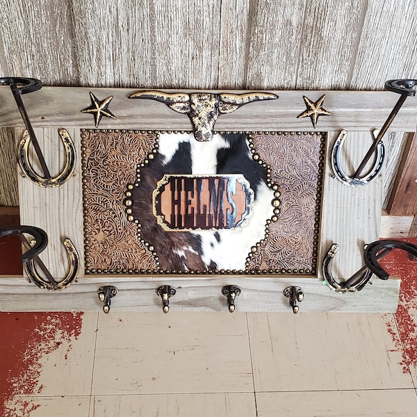 Personalized Cowboy Hat Rack: Reclaimed Barn Wood, Cowhide & Leather - Etsy