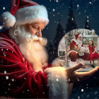 Santa Holding Snow Globe Backdrop, Santa Claus With Crystal Snowglobe