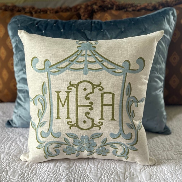 MONOGRAM PILLOW COVER, Coastal Blue and Grove Green Pagoda Frame ...