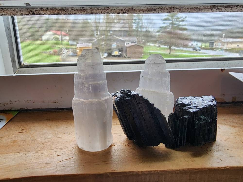 2 Selenite Towers & 2 Extra Grade Black Tourmaline Logs: Home Protection Kit