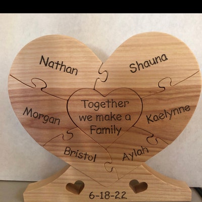 LARGE Family Wood Heart unity Puzzle 8-1/2 Wide X 8 Tall Center Heart 2 ...