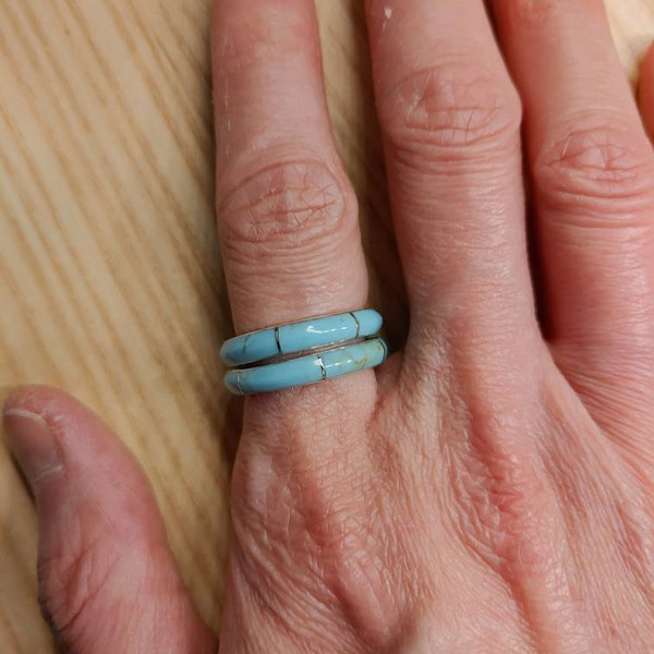 Turquoise Sterling Silver Band Adjustable Ring plated in Rhodium