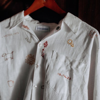 Open Collar Linen Shirt With Embroidery - Etsy