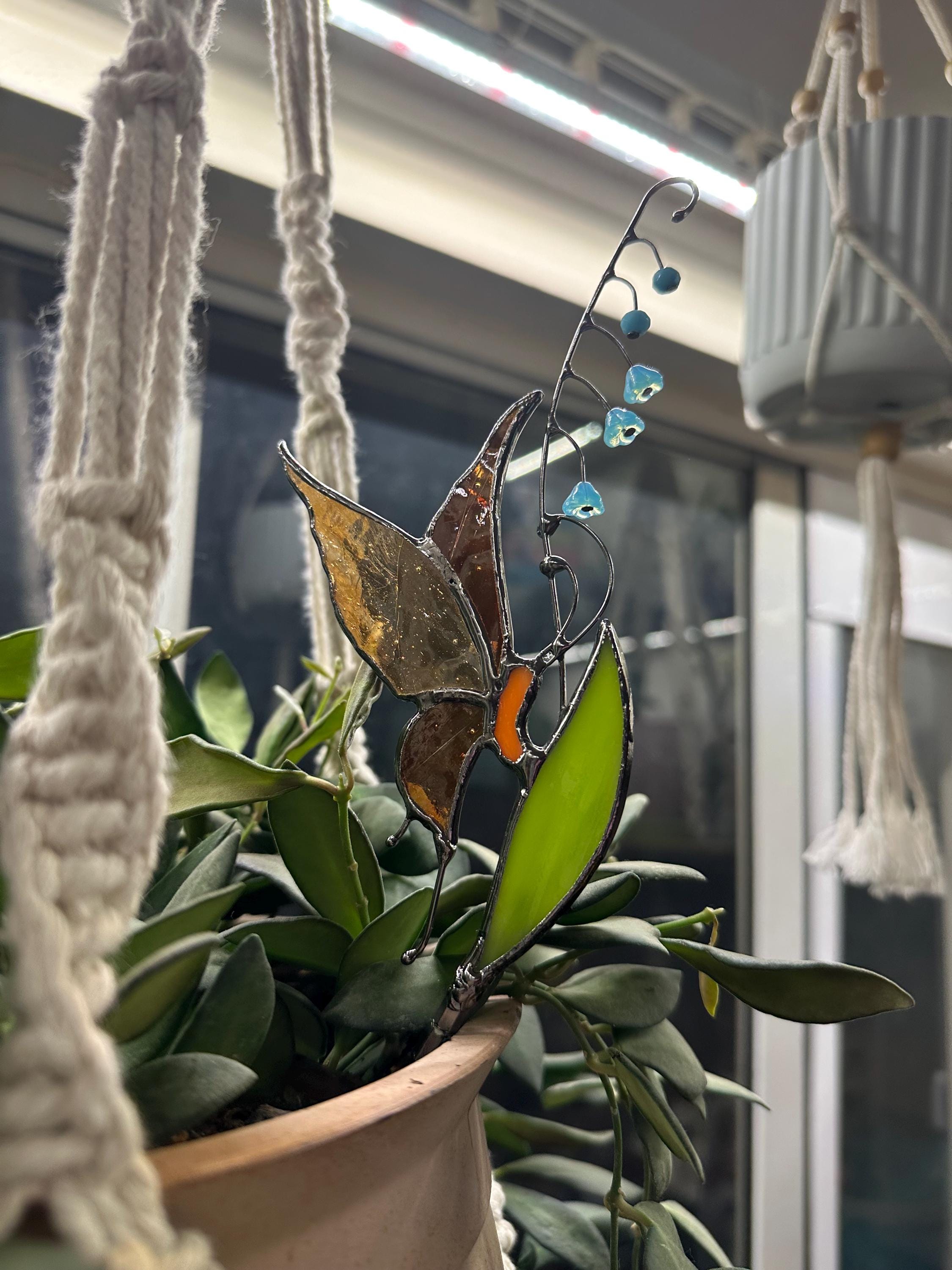 Stained glass Butterfly decor - Garden stake and Suncatcher 2 in 1 - Butterfly plant stake on metal rod - Thank You Gift for Mom