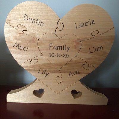LARGE Family Wood Heart unity Puzzle 8-1/2 Wide X 8 Tall Center Heart 2 ...