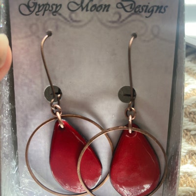 Red Earrings, Enamel Earrings, Copper Hoop Earrings, Boho Dangle ...