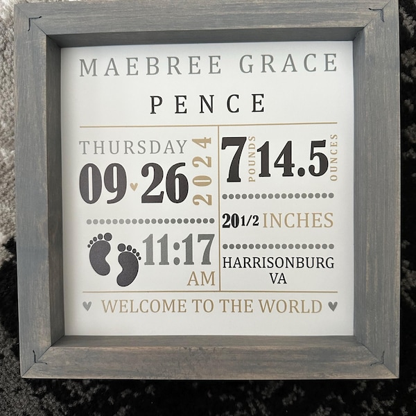 Birth Announcement Sign - Baby Birth Stats - Wood Frame Sign ...