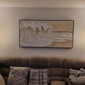 Large 3D Texture Wave Beach Painting,White 3D Texture Wall Art,Abstract Seascape Painting,Minimalist Art,Contemporary Living Room Wall Decor