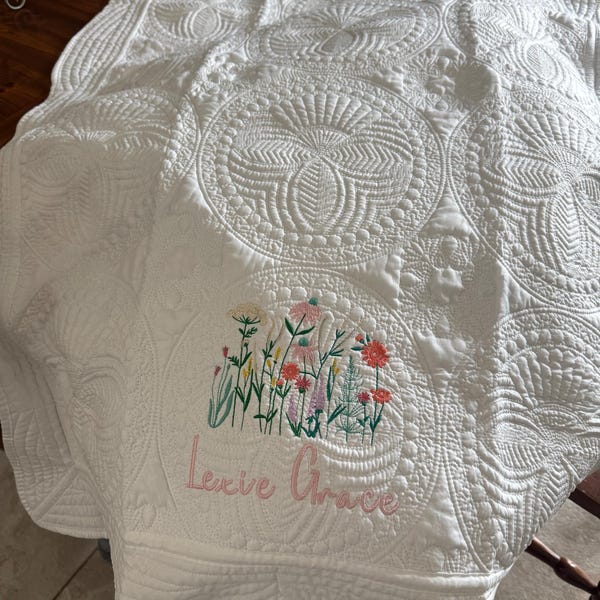 View of Wildflower Nursery Baby Quilt Blanket Heirloom Embroidered Blanket ...
