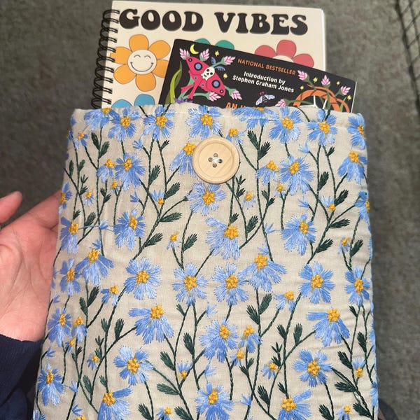 Blue Beige Daisy Embroidered Book Sleeve, Kindle Sleeve, Ereader Cover ...