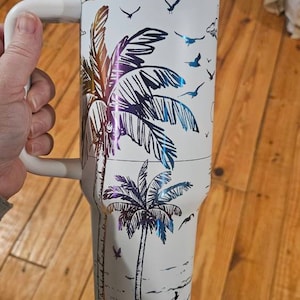 40oz Engraved Tumbler with Handle and Straw | Cup Holder Friendly Travel Mug | Vacuum Insulated Large Water Bottle | Tropical Beach Waves