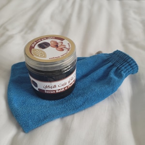 Pure Moroccan Black Soap with Organic Argan Oil - Exfoliating kessa Glove Hammam Spa Mitt - Natural Black Beldi Soap Skin Body Scrub 200g