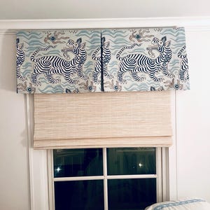 Sister Parish Serendipity Roman Shade with Samuel & Sons Grosgrain Ribbon Trim (fabric in Blue Red, trim in Scarlett- comes in other colors)