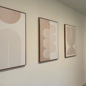 Framed Canvas Wall Art Set of 3 Geometric Beige Spiral Wave Mid Century ...