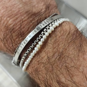 Mens Pearl Bracelet, Mini Mens Pearl Bracelet, Thin Silver