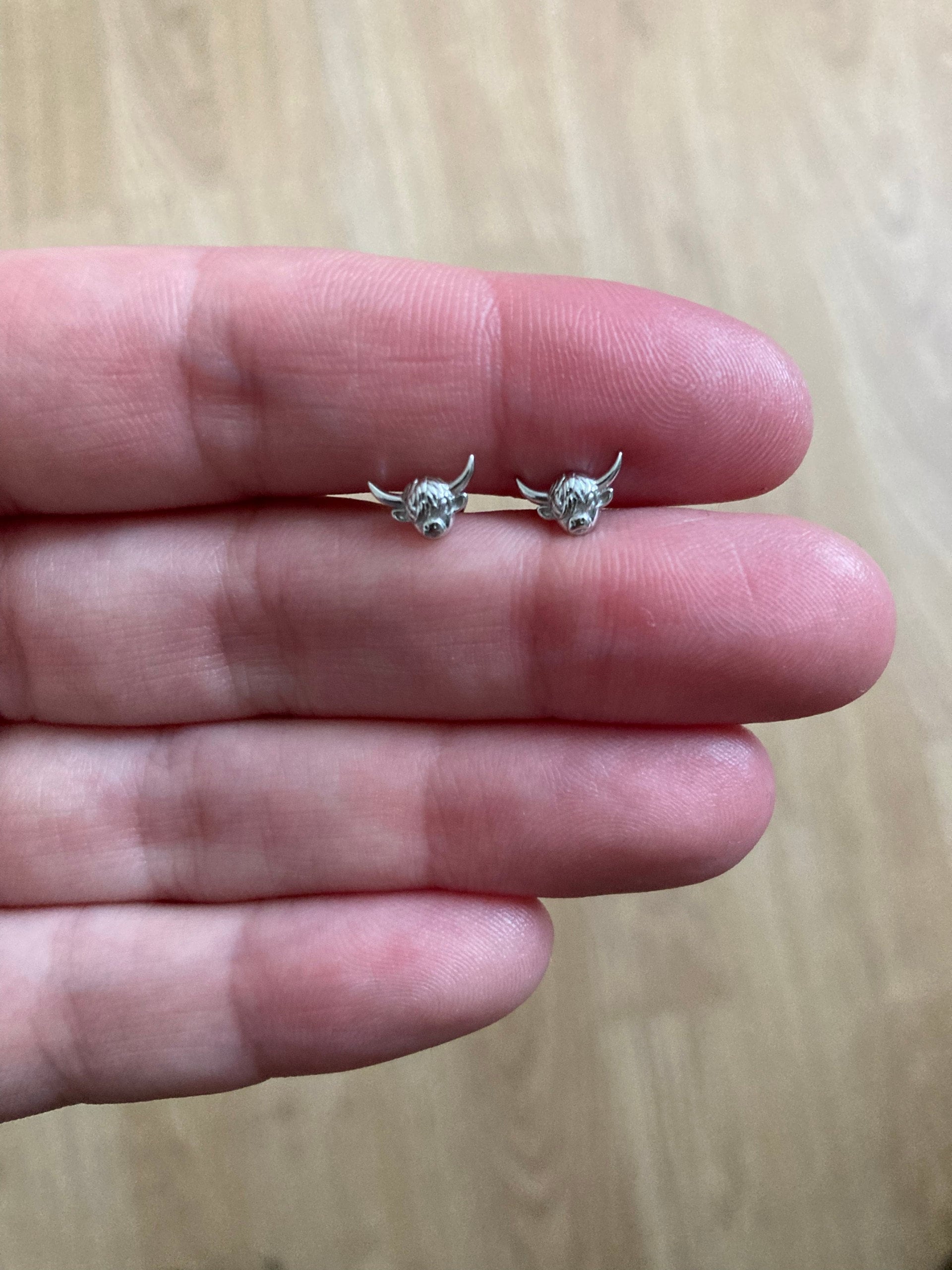 Extra Tiny Highland Cow Barbell Earrings in Sterling Silver, Cow Stud, Bull Earrings, Screw-back, Small Cow Stud, Scotland, Scottish