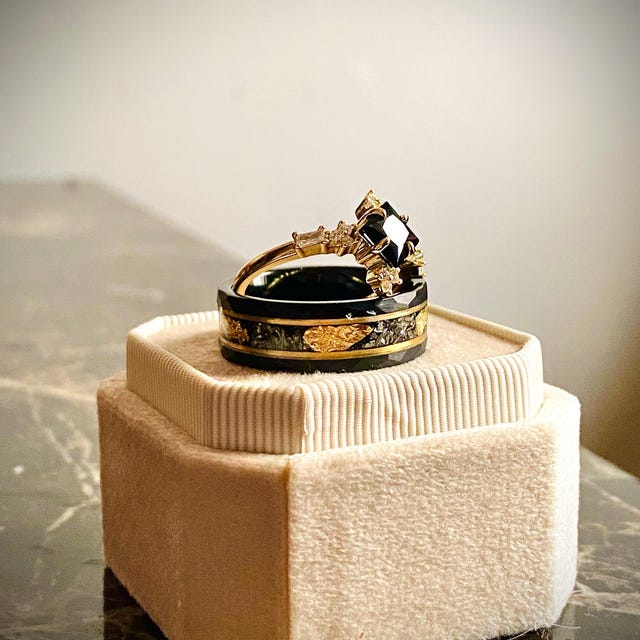 Black Onyx & Meteorite Gold Leaf Couples Ring- His and Hers