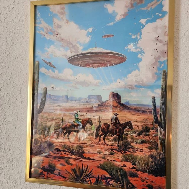 Aliens and Cowboys Retro Western Sci-fi UFO Wall Art Decor Print