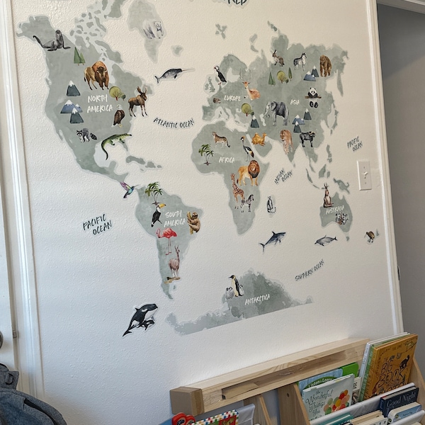 Animal World Map Wall Sticker | Kids World Map Decal | World Map Wall ...