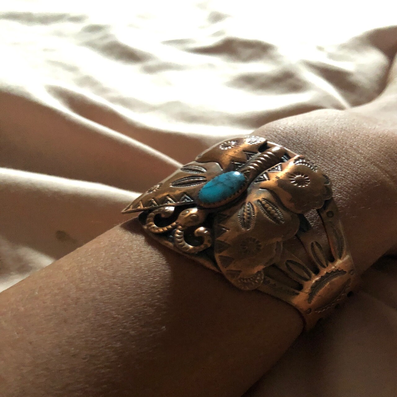 Vintage Cooper & Turquoise Butterfly Cuff Bracelet Signed