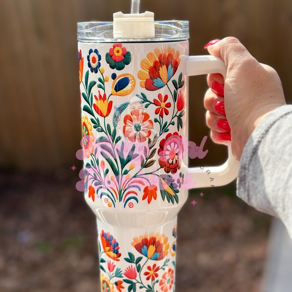 Mexican Embroidery Flower 40oz Quencher Tumbler Sublimation Design ...