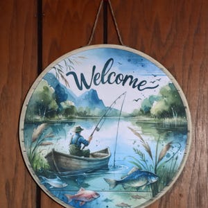 Retro Fishing Welcome Sign PNG Watercolor Bass Fish Door Hanger