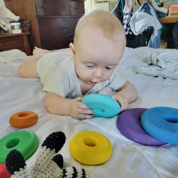 Wooden Ring Stacker Toy Rainbow Montessori Materials Learning ...