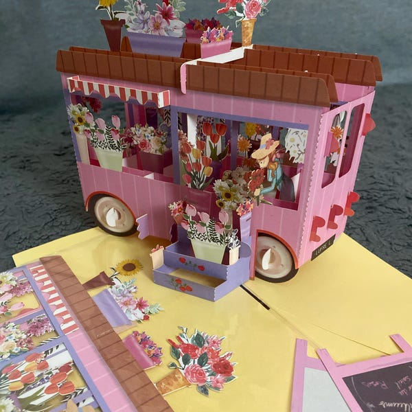 3D Pop up Flower Cart Card, Birthday Card for Her, Pink Flower Gift ...