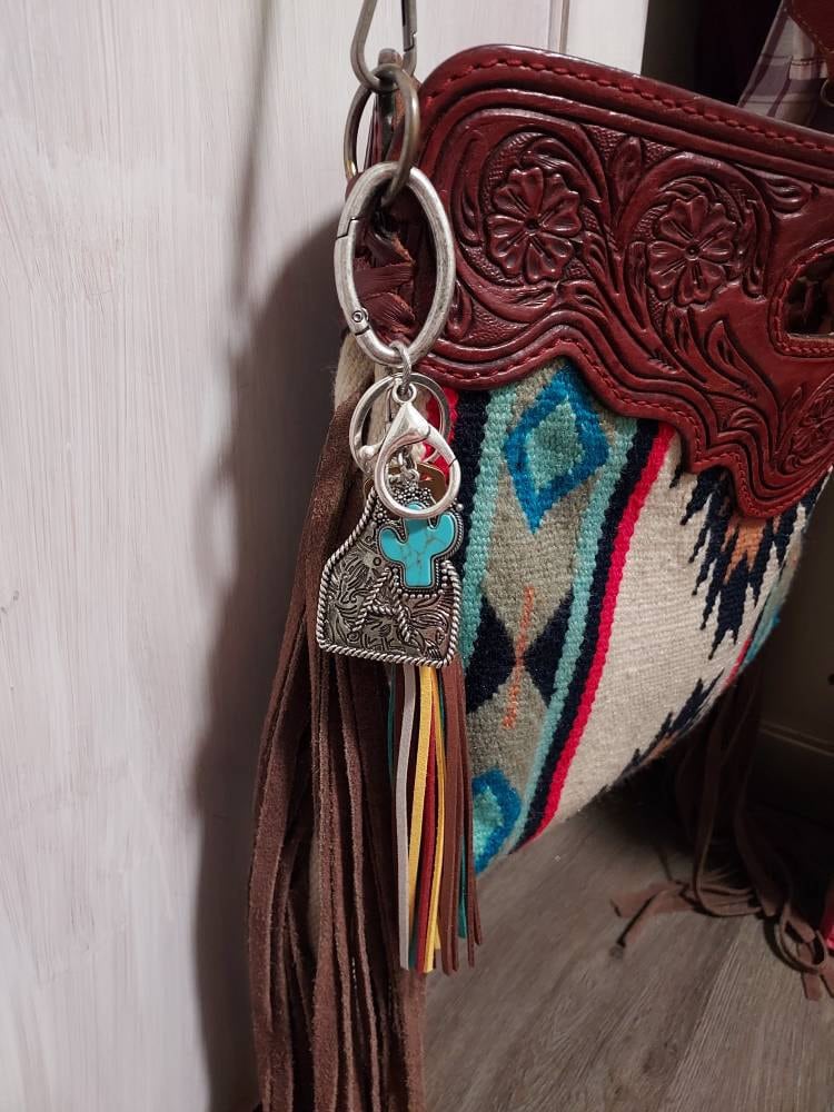 Initial Monogram Keychain/ Turquoise Charm/Initial Cattle Ear Tag Keychain/multi color tassel fringe keychain