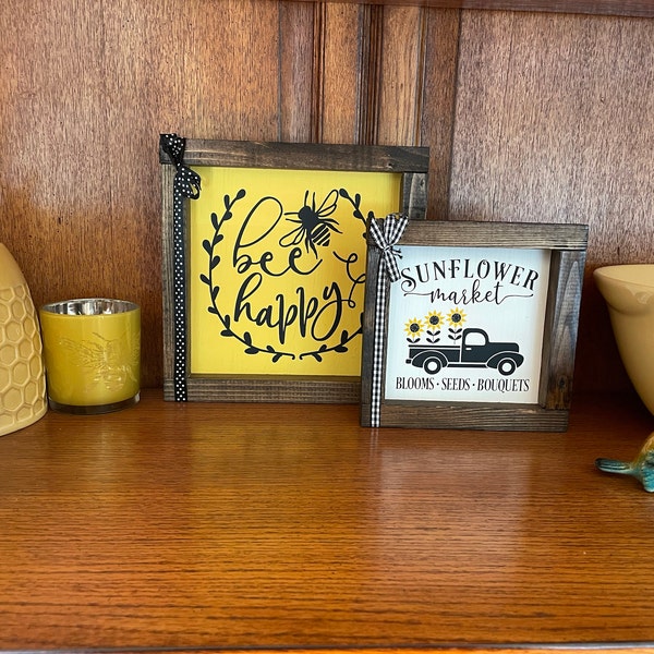 Yellow Bee Happy Farmhouse Sign - Spring Tiered Tray Decor - Summer ...