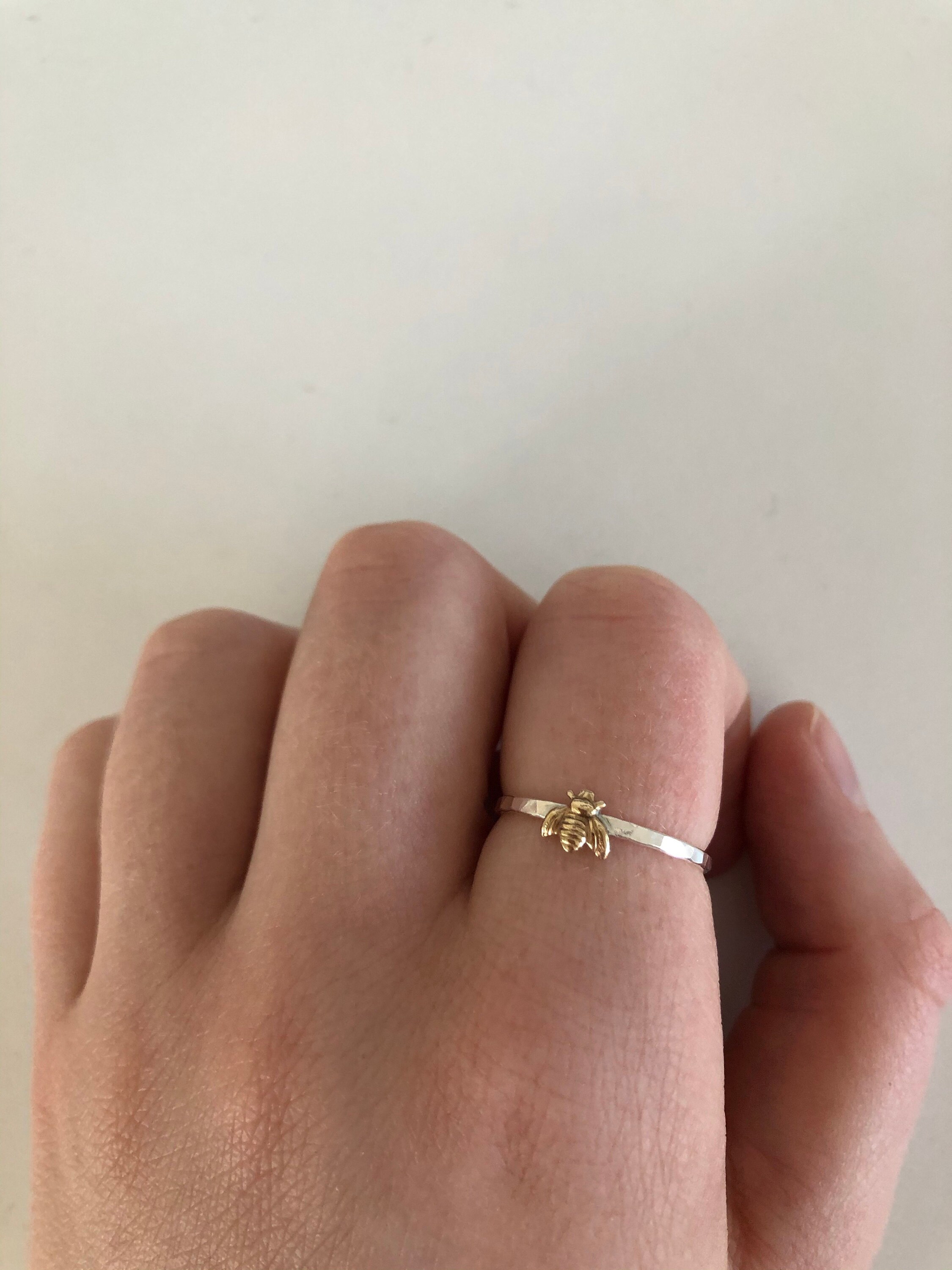 Simple tiny sterling silver bee ring, silver and gold brass stacking ring, hammered band ring, gift for women
