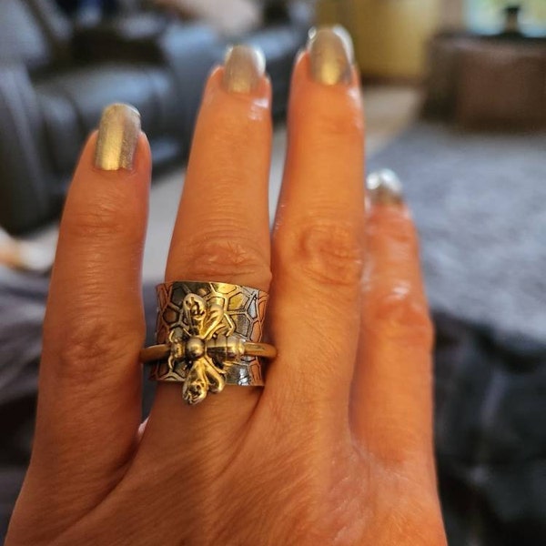 Honey Bee Spinner Ring - 925 Sterling Silver Anxiety Ring, Handmade In India