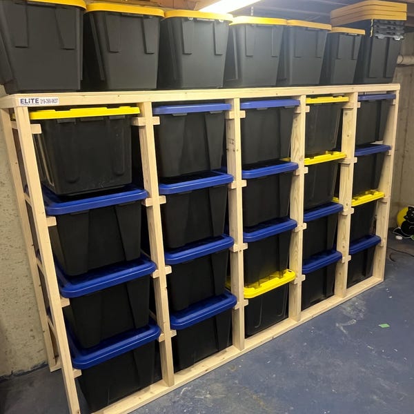 DIY Garage Storage Rack Plans for 27-gallon Totes | Sturdy Wood Shelf ...