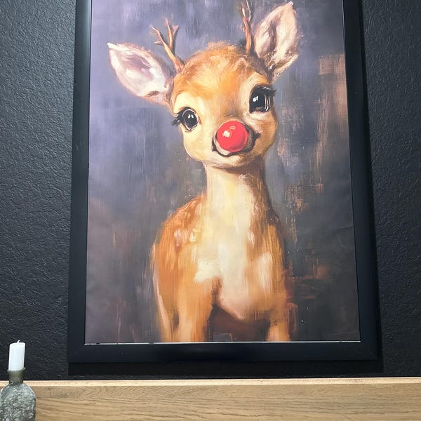 Rudolph Painting Reindeer Cute Print, Whimsical Deer Christmas, Red