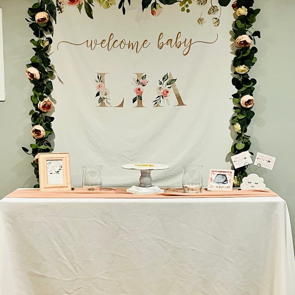 Custom Name Baby Shower Backdrop, Blush Floral Baby Shower Backdrop ...