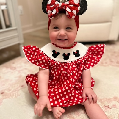 Petit Bebe Knits Baby Girls Smocked Minnie Mouse Red and White Polka Dot Knit Bubble main image 0