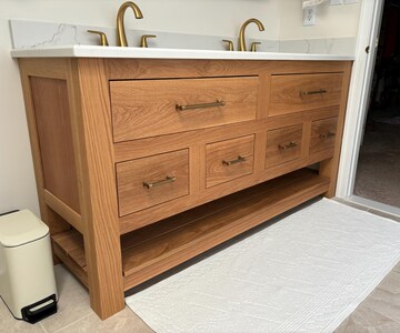 White Oak Bathroom Vanity | Double Sink | Towel Shelf