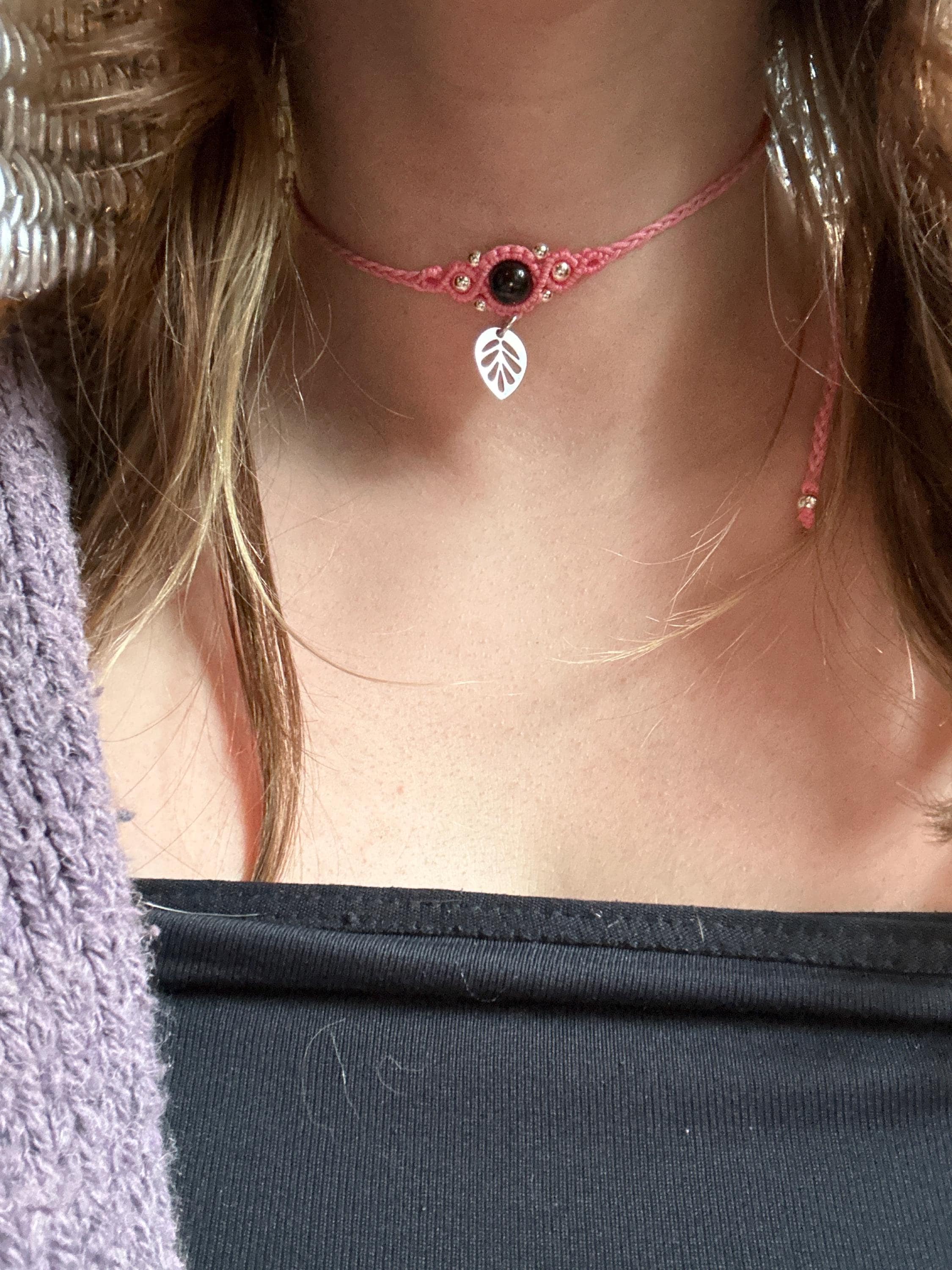 Leaf - Healing Crystal Macrame Choker, boho hippie choker necklace, bohemian jewelry, leaf jewelry, customizable choker, elven jewelry