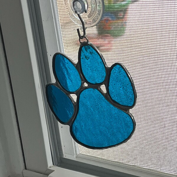 Stained Glass Paw Print Suncatcher, Blue Cathedral Art Glass , Pet Loss ...