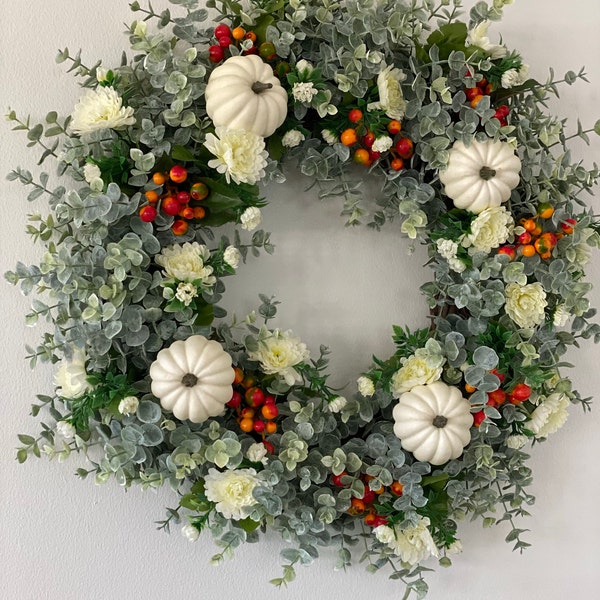 White Pumpkin Fall Wreath for Front Door / Orange Berry Fall Wreath ...