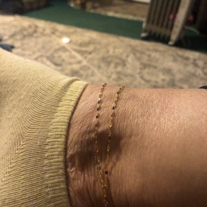 14K Double Stranded Glitter Chain Anklet, 14K Gold Glitter Chain Anklet, Flat Link Chain Gold Anklet, 14K Solid Gold Chain Anklet