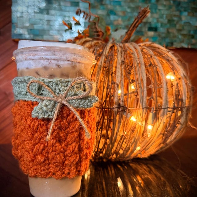 A customer's finished Wheat Stitch Pumpkin Mug Cozy