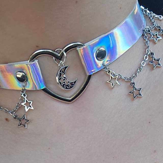 Pastel Goth Holographic Choker Necklace W. Silvery Stars and