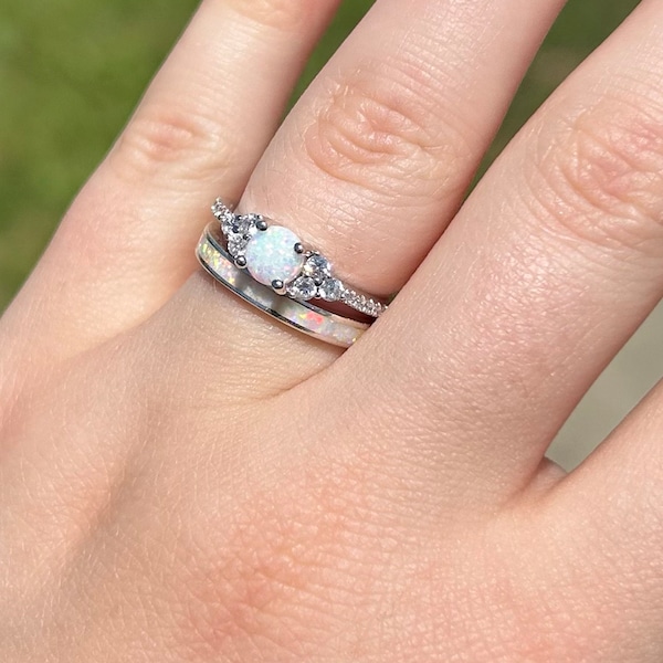 Dainty Opal Ring, Opal Stacking Ring, White Opal and CZ Ring, Gold Opal ...