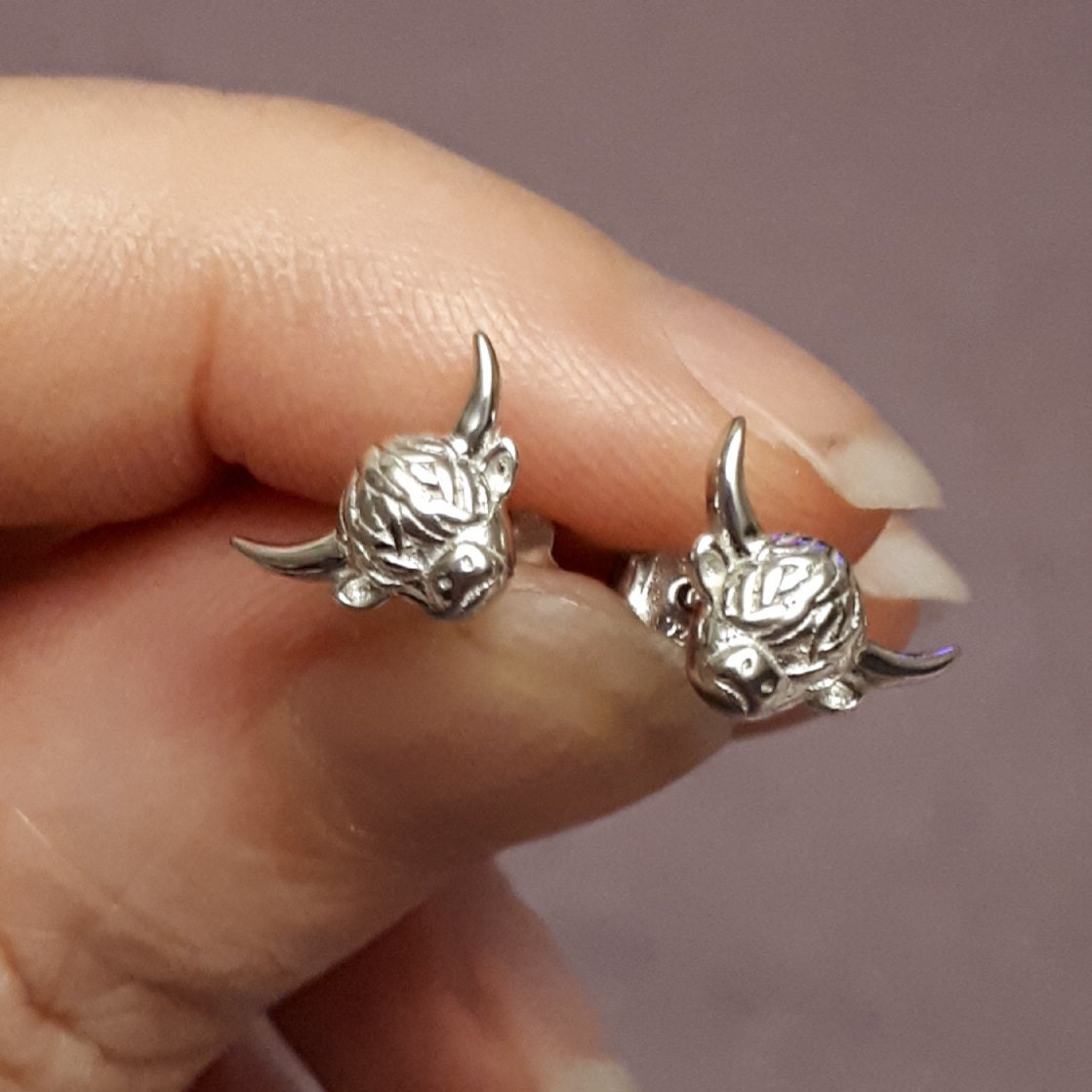 Highland Cow Stud Earrings in Sterling Silver, Cow Stud, Bull Earrings, Petite Earrings, Small Cow Stud, Scotland, Scottish