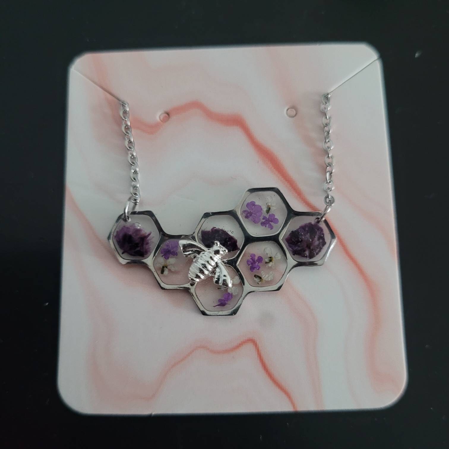 Bee and Honeycomb Necklace, Yellow Bee Necklace, Silver Bee Necklace, Stainless Steel Honeycomb Pendant, Yellow Flower Necklace for Her